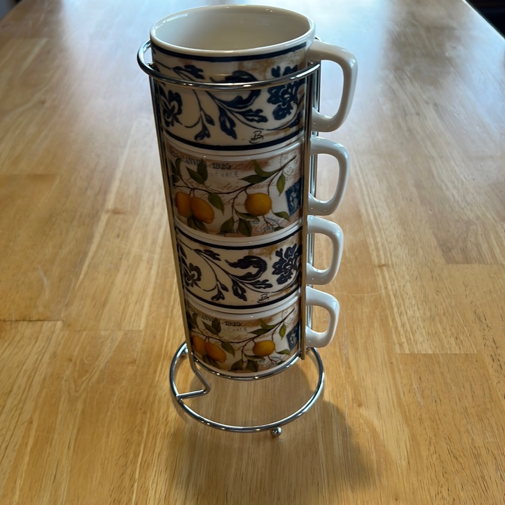 Cypress Stacking Coffee Mugs Cups Chrome Stand Drinkware Stackable Fruit Design